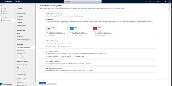 Captura de pantalla de la página de configuración de inteligencia de conversaciones