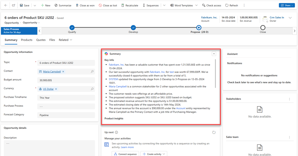 Captura de pantalla del widget de resumen de oportunidad de Copilot en el formulario Oportunidad.