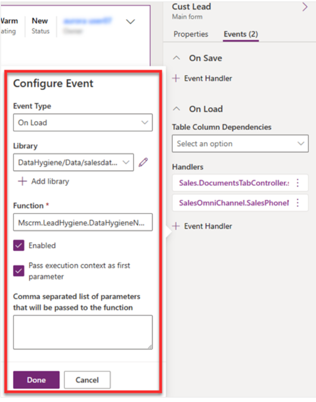 Captura de pantalla de la configuración de eventos para el controlador de eventos para la detección de clientes potenciales duplicados.