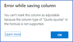 Mensaje de error para una columna sencilla o predicción.