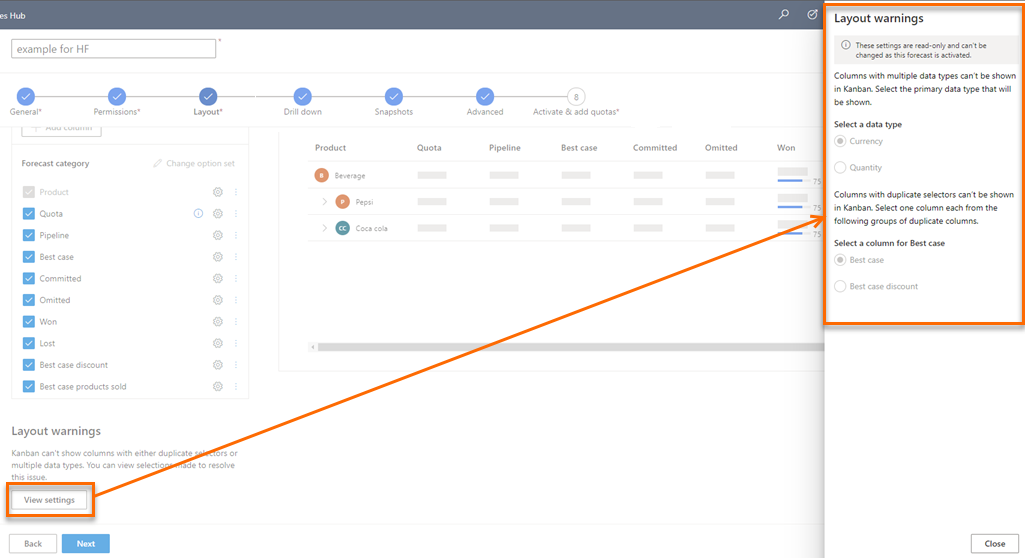 Seleccionar la configuración de vista y ver el panel de advertencias de diseño.