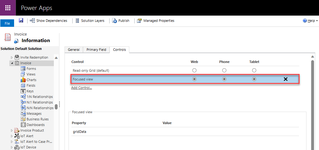 Captura de pantalla de la configuración de la vista enfocada como predeterminada para otras entidades.