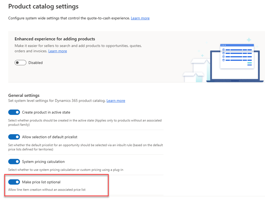 Opción para hacer que la selección de la lista de precios sea opcional en la Configuración del catálogo de productos.