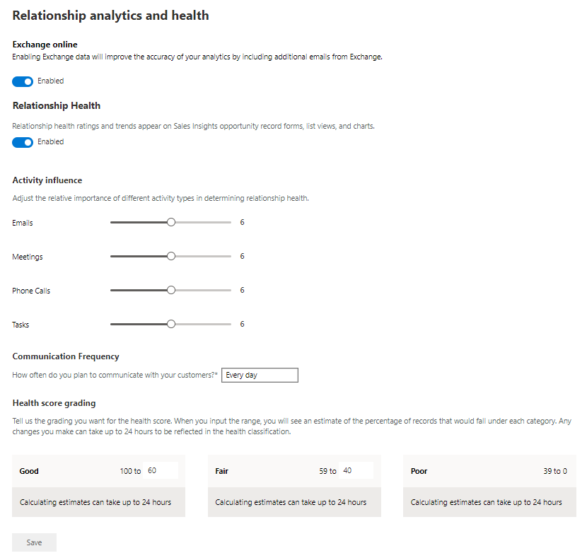 Una captura de pantalla de la página de configuración de salud y análisis de relaciones.