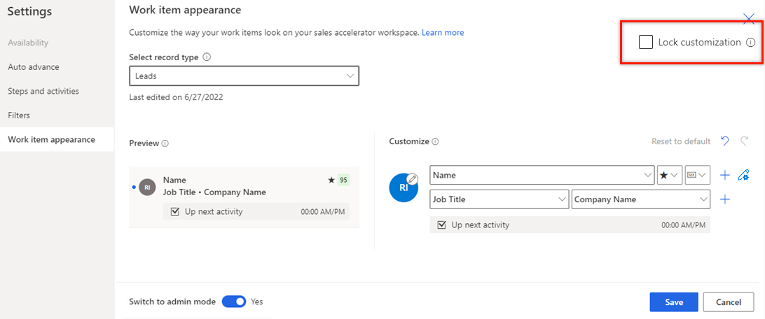 Captura de pantalla de la página de configuración Apariencia del elemento de trabajo, con Bloquear personalización resaltada