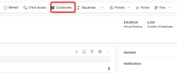 Captura de pantalla de la opción Colaborar en la aplicación Dynamics 365.