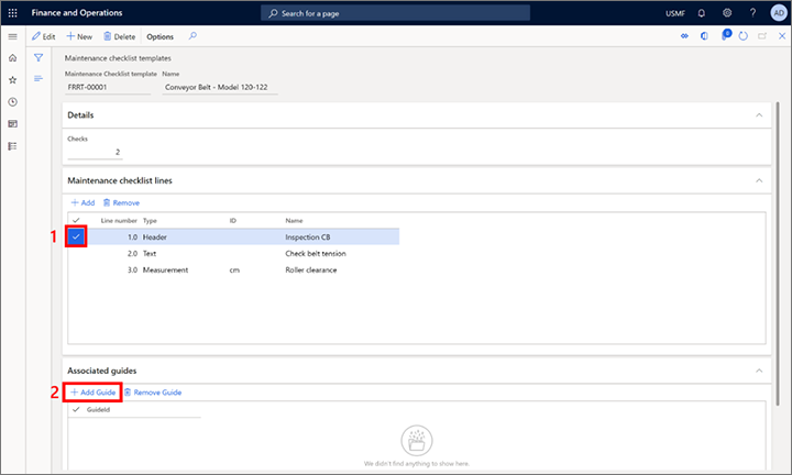 Asociar una guía con una línea de lista de verificación de mantenimiento.