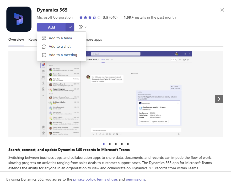 Captura de pantalla que muestra las opciones para agregar la aplicación Dynamics 365