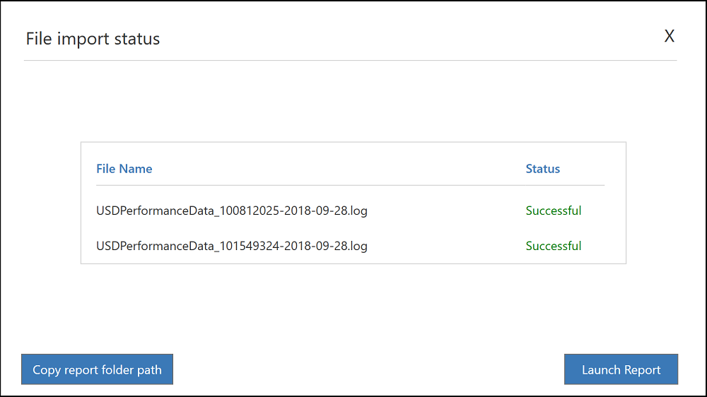 Pantalla del estado de la importación de archivos.