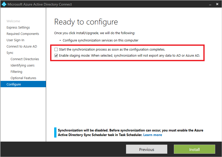 Captura de pantalla de la configuración del modo de ensayo de Microsoft Entra Connect