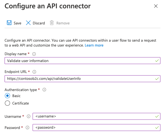 Captura de pantalla de la configuración de autenticación básica de un conector de API.