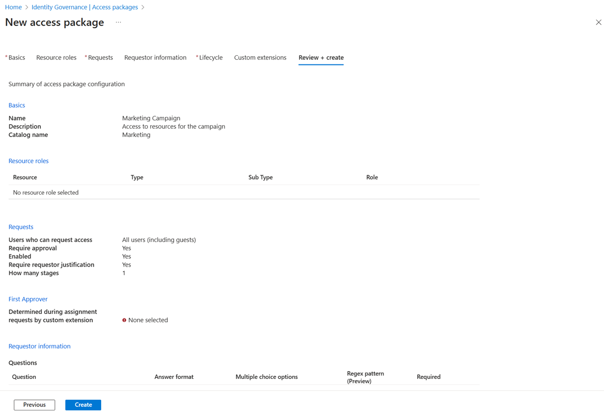 Captura de pantalla que muestra un resumen de la configuración del paquete de acceso.