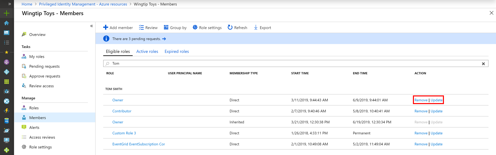 Captura de pantalla de recursos de Azure: página asignaciones en la que se enumeran los roles aptos con vínculos para ampliar.