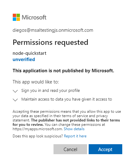 Screenshot displaying user consent screen