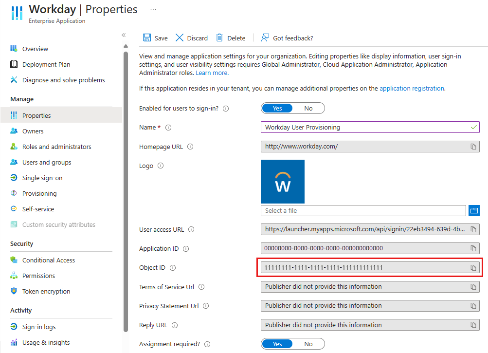 Identificador de la entidad de servicio de la aplicación de Workday