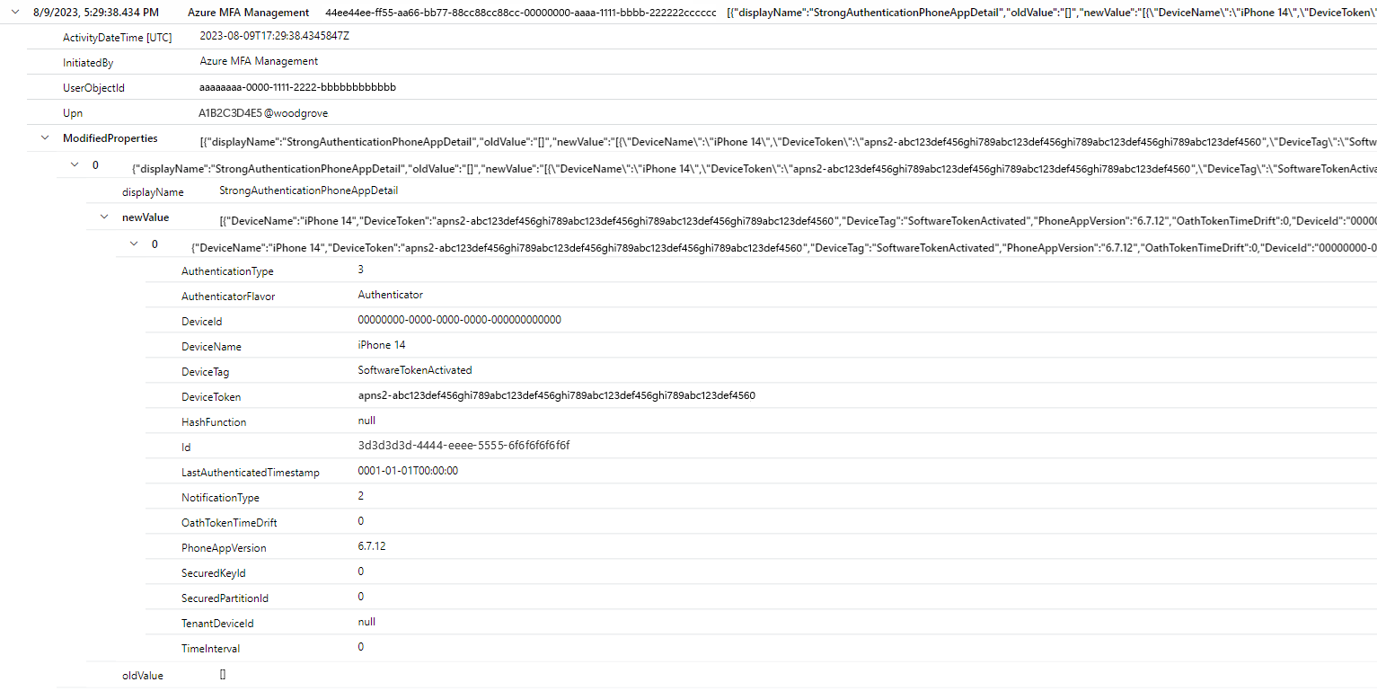 Captura de pantalla de Log Analytics para el dispositivo migrado.