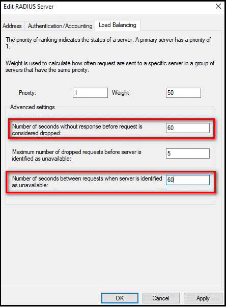 Editar la configuración de tiempo de espera del servidor Radius en la pestaña de equilibrio de carga