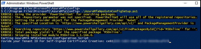 Entrada del identificador de inquilino en PowerShell