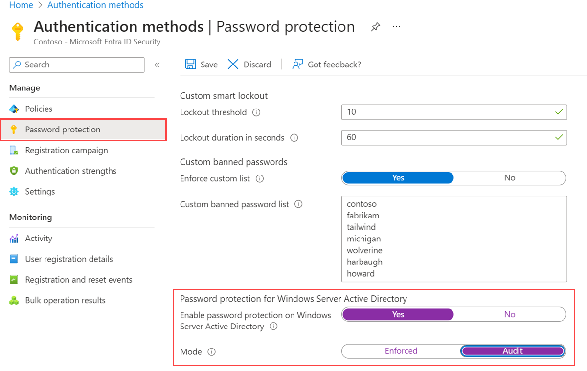 Habilitar la protección con contraseña local en Métodos de autenticación en el Centro de administración de Microsoft Entra