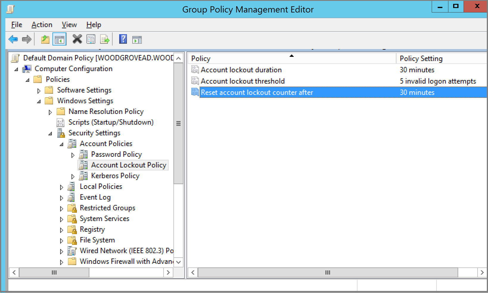 Modificación de la directiva de bloqueo de cuentas de Active Directory local