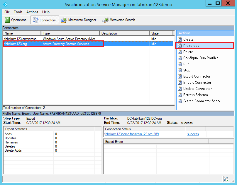 Synchronization Service Manager que muestra cómo editar propiedades