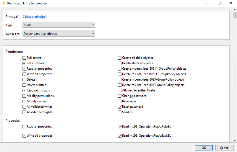 Establecimiento de los permisos adecuados en usuarios y equipos activos para la cuenta usada por Azure AD Connect.