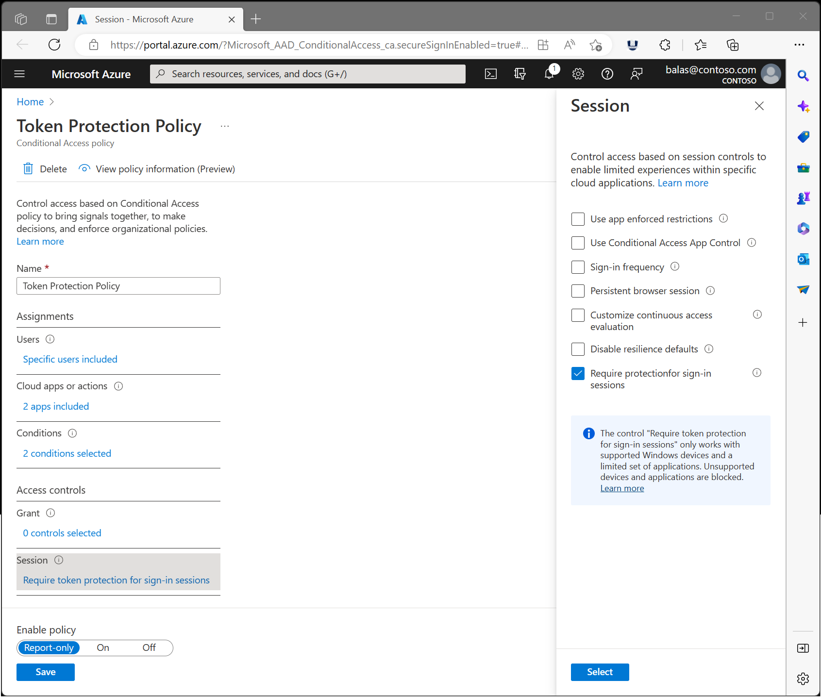 Captura de pantalla que muestra una directiva de acceso condicional que requiere la protección de token como control de sesión