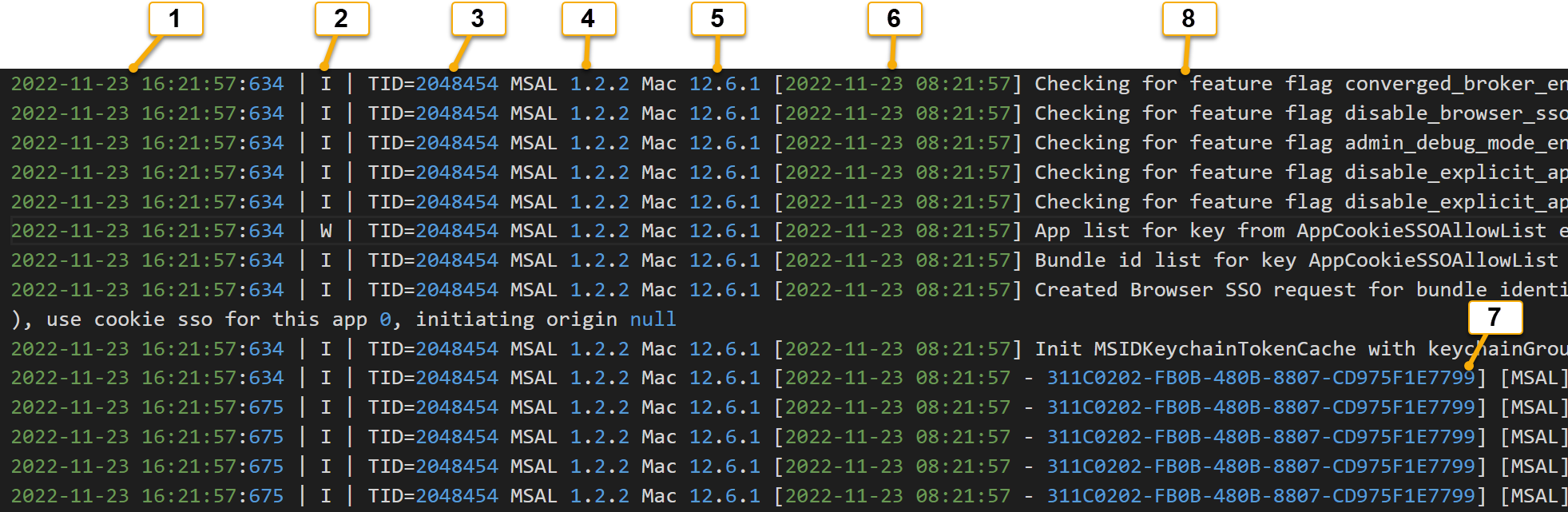 Captura de pantalla que muestra la estructura de columnas de los registros de extensión de SSO.