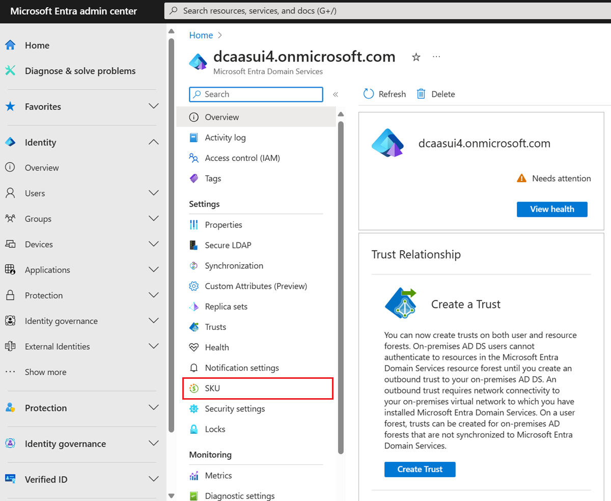 Select the SKU menu option for your Domain Services managed domain in the Microsoft Entra admin center