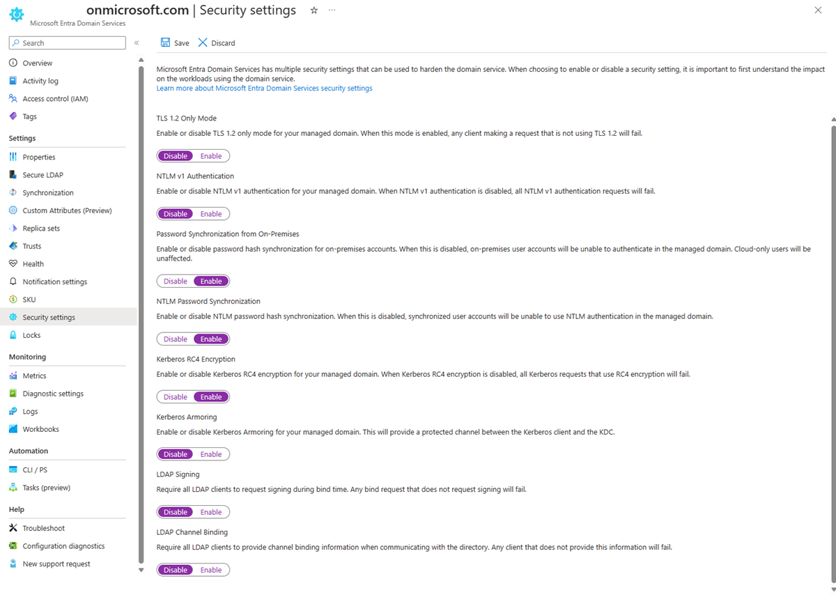 Captura de pantalla de la configuración de seguridad para deshabilitar los cifrados débiles y la sincronización de hash de contraseñas de NTLM