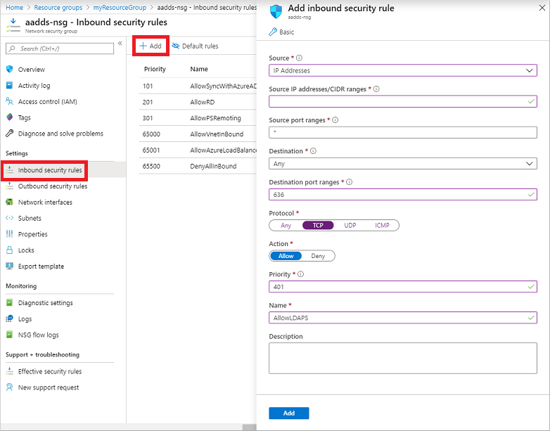 Creación de una regla de grupo de seguridad de red para proteger el acceso a LDAPS a través de Internet