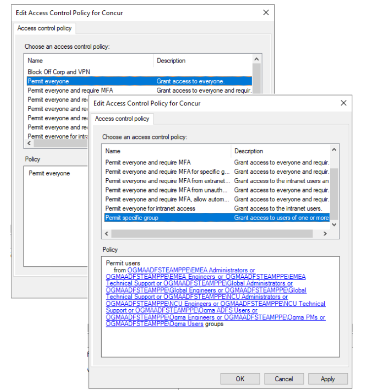 Captura de pantalla del panel de configuración de usuarios y grupos de AD FS.