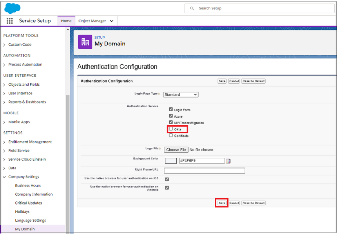 Captura de pantalla de la opción Guardar y las opciones de Servicio de autenticación, en Configuración de autenticación.