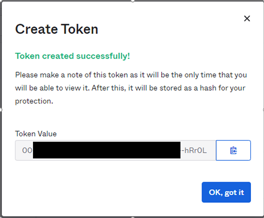 Captura de pantalla del campo Token Value (Valor del token) y la opción OK, got it (Aceptar).