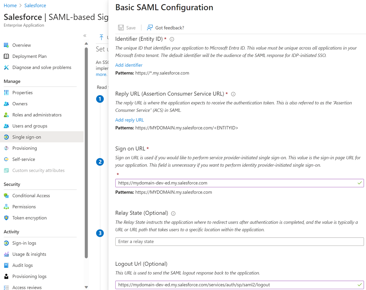 Captura de pantalla de las entradas de Inicio de sesión basado en SAML y Configuración básica de SAML.