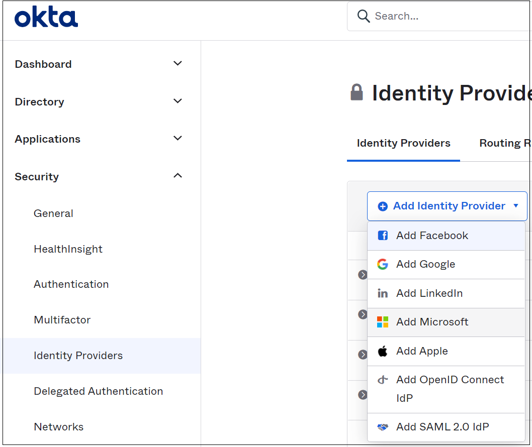 Captura de pantalla del portal de administración de Okta. Aparece Agregar Microsoft en la lista Agregar proveedor de identidades.