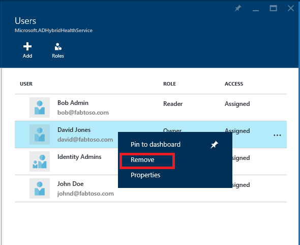 Captura de pantalla de Microsoft Entra Connect Health y Azure RBAC con Eliminar resaltado