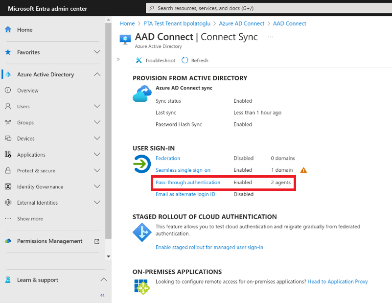 La captura de pantalla muestra el centro de administración de Microsoft Entra: panel de Microsoft Entra Connect.