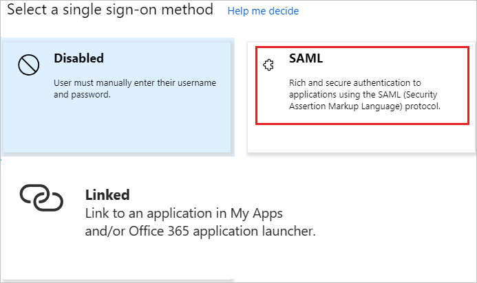 Captura de pantalla Seleccione un método de inicio de sesión único con SAML resaltado