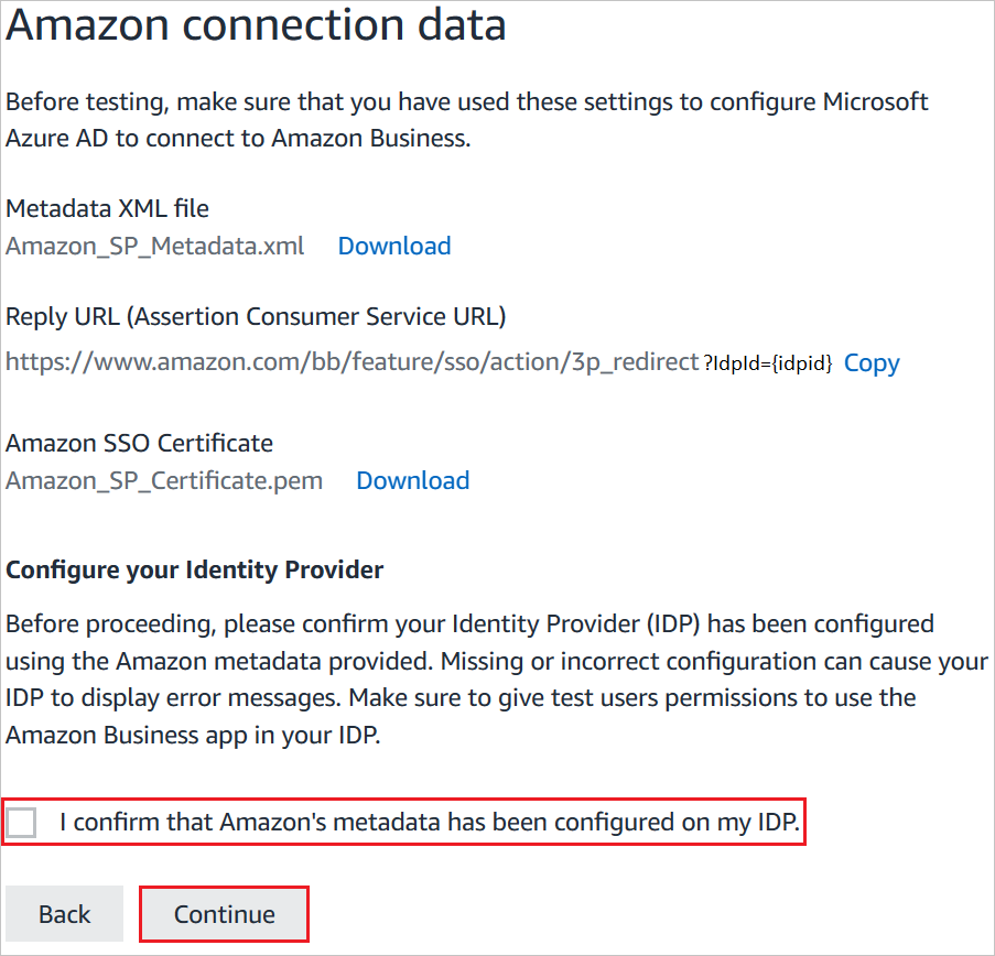 Captura de pantalla que muestra Amazon connection data (Datos de conexión de Amazon) donde puede hacer clic en Next (Siguiente) para continuar.