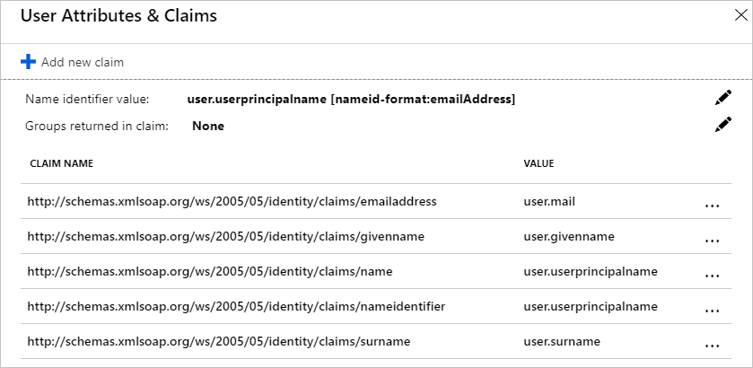 Captura de pantalla que muestra User Attributes & Claims (Atributos y reclamaciones del usuario) con columnas para el valor y el nombre de la notificación.