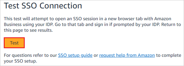 Captura de pantalla que muestra Test SSO Connection (Probar conexión con SSO) con el botón Test (Probar).