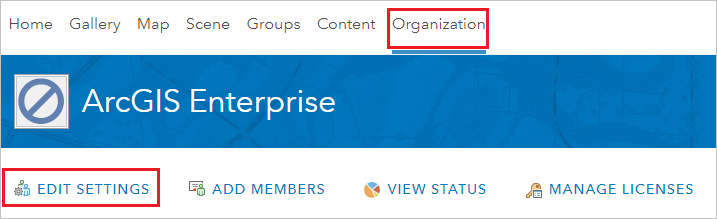 Captura de pantalla que muestra la pestaña Organization (Organización) ArcGIS Enterprise con la opción Edit settings (Editar configuración) seleccionada.