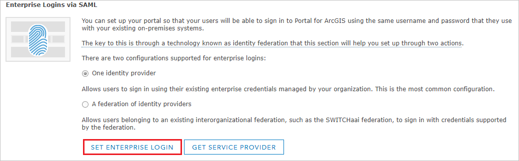 Captura de pantalla que muestra inicios de sesión de empresa mediante SAML para seleccionar Set Enterprise Login (Establecer inicio de sesión de empresa).