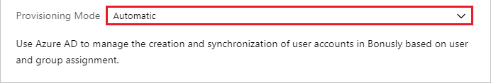 Captura de pantalla que muestra un cuadro de lista del modo de aprovisionamiento, con la opción Automático seleccionada y resaltada.