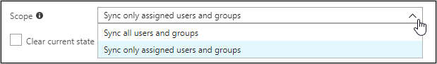 Captura de pantalla que muestra el cuadro de lista del ámbito. La opción para sincronizar solo los usuarios y grupos asignados está seleccionada en el cuadro.