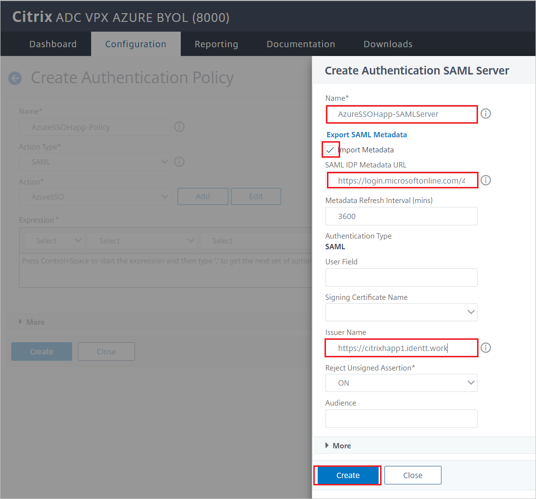 Captura de pantalla de la configuración de Citrix ADC SAML Connector for Microsoft Entra: panel de creación de servidor SAML de autenticación.