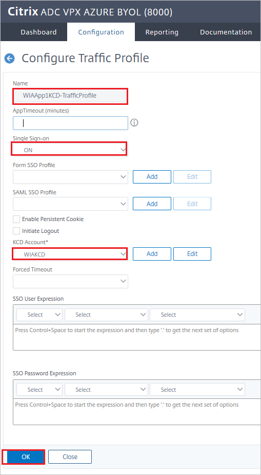 Captura de pantalla de la configuración de Citrix ADC SAML Connector for Microsoft Entra: panel de configuración del perfil de tráfico.