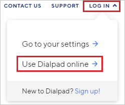 Captura de pantalla del sitio web de Dialpad. La opción de iniciar sesión está resaltada y la pestaña para iniciar sesión está abierta. La opción para usar Dialpad en línea también está resaltada.