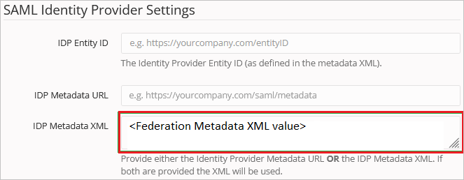 Captura de pantalla que muestra el XML de metadatos de IDP.